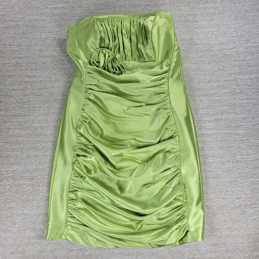 VTG Satin Formal Dress Large Lime Green Strapless Ruched Cocktail Evening Party